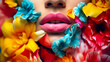 Close up von Lippen einer Frau. Gesicht umrahmt mit Blumen. Mode generiert mit KI