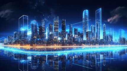 cityscape with space and neon light effect. Modern hi-tech, science, futuristic technology concept. Abstract digital high tech city design for banner background