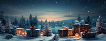 Christmas Background With Gift Boxes In Snow Landscape, Winter Gift Boxs On Christmas Tree Background For Use Wallpaper Etc.