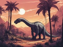 Dinosaur And Sunset  A Sauropod Was An Amazing Creature That Lived On The Earth In Magical Times,  