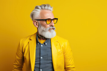 60 year old fashionable hipster man portrait on bright yellow background