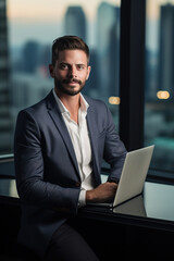 A successful startup CEO sitting at his desk with a laptop. His office is at the top floor of a skyscraper, overlooking the city