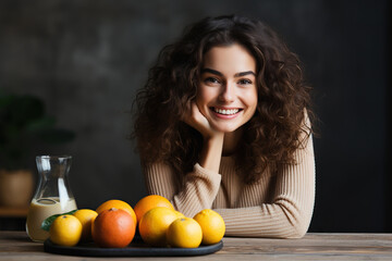 Wall Mural - Beautiful young woman sitting at the table with fruits and smiling