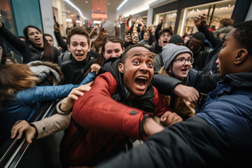 Black Friday Sale. A crowd of people jostle to grab discounted clothes in a shopping center