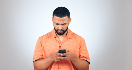Aufkleber - Confused, text and man in studio reading fake news, email or error notification on grey background. Doubt, smartphone and male model with with app password glitch, 404 or phishing, scam or review