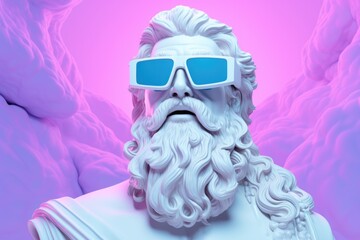 Wall Mural - Portrait of a white sculpture of Zeus wearing blue glasses against a background of neon clouds.