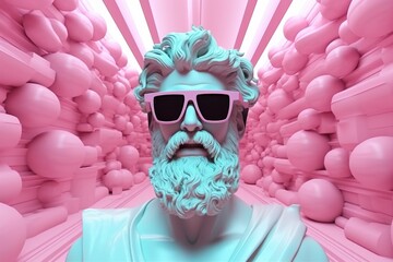 Wall Mural - Portrait of a white sculpture of Zeus wearing pink glasses on a background of abstract pink ovals.