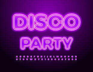 Poster - Vector neon banner Disco Party. Glowing Font for Entertainment. Violet Electric Alphabet Letters and Numbers