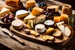 In a rustic kitchen bathed in warm sunlight, a delectable spread of artisan cheeses, crackers, and appetizers is displayed on a vintage wooden table