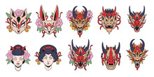 Japanese Mask Set, Oriental Okame Icon, Oni Japan Dragon Character Face, Vector Anime Fox Design. Kabuki Theater Woman, Asian Doodle Tattoo Monster, Cute Kitsune, Ritual Demon Head. Japanese Mask