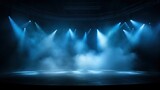 Fototapeta  -  blue theatrical stage stage background with smoke and glowing spotlights, in the style of tokina at-x 11-16mm f/2.8 pro dx ii, haunting atmosphere, matte photo, reimagined by industrial light and mag