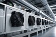 Line of coolers with ventilators above, for cooling, refrigeration, warmth pumps and renewable power. Generative AI