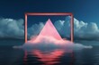 A classic empty frame with a triangular shape and a neon cloud design floating gracefully on water. Generative AI