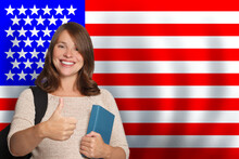 Happy Woman Student Showing Thumb Up Against US Flag Background. Travel, Education And Learn Language In USA Concept