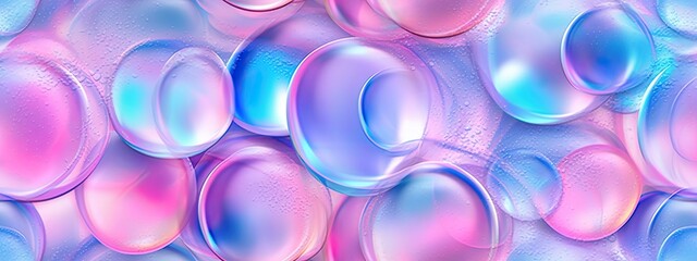 Seamless 80s holographic pink blue bubble circles on frosted plastic background texture. Trendy iridescent abstract neon bokeh webpunk, vaporwave aesthetic surreal pattern