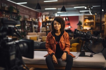 Influencer talking about professional video equipment in her studio set.