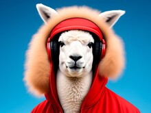 A Alpaca Wearing Headphones And A Red Jacket With A Hoodie On It's Face Is Looking At The Camera,  Animal Photography