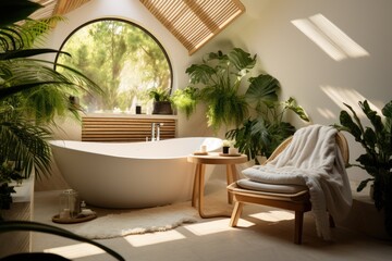 Poster - Tranquil bathroom oasis with freestanding tub, lush indoor plants, and sunlit architectural details