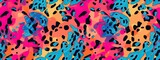 Fototapeta  - Seamless pop art grunge marbled animal print background pattern. Trendy vibrant gender neutral 80s neon pink, orange blue dopamine dressing textile. Contemporary urban tie dye fabric texture