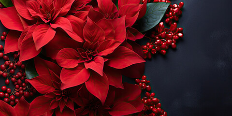 Wall Mural - christmas bouquet with red poinsettia bloom with black copy space 
