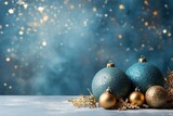 Fototapeta  - blue christmas balls with golden ornament banner , christmas blue background illustration 