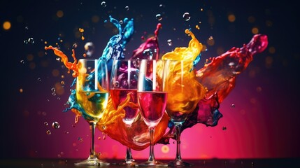 Wall Mural -  a group of glasses filled with liquid and splashing on top of each other in front of a colorful background.  generative ai