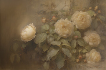 Wall Mural - Oil painted rose camellia flowers, vintage style print