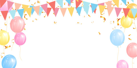Wall Mural - festive vector banner with pastel balloons and flags for cards, social media, holiday, kids, anniversary