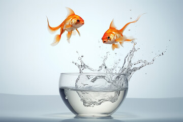 two goldfish jumping into a glass bowl