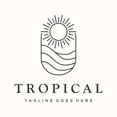 tropical sunburst line art logo vector minimalist illustration design, nature panorama symbol design