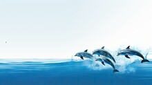  A Group Of Dolphins Jumping Out Of The Water To Catch A Frisbee In Mid Air Above The Water.  Generative Ai