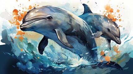 Wall Mural -  two dolphins jumping out of the water with splashes of paint on the water and splashing on the water.  generative ai