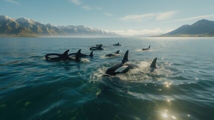 Wall Mural -  a group of orca's swimming in a body of water with mountains in the background and sun shining on the water.  generative ai