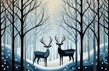 Wall Mural - winter in the trees with deer and snow Generative AI