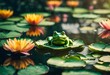 frog sitting on lily pads in a pond with water lilies