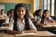Smiling Arabic Or Indian Schoolgirl Sitting At Desk At School Classroom