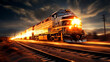 Rail freight transport cargo train locomotive on blurred motion railway at sunset