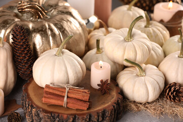 Decorative pumpkins, burning candles, cinnamon sticks and pine cones on light grey table, closeup