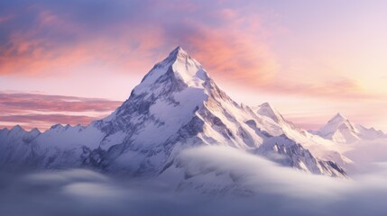 Sticker - A mountain range is shown in the clouds with a pink sky, AI