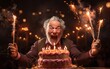 An elderly man wearing a joyful and exuberant expression, prepared to blow out the candles on his birthday cake during the celebration
