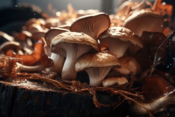 Poster - A group of mushrooms sitting on top of a pile of leaves. Perfect for nature and autumn-themed projects