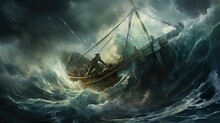 A Fisherman Braving A Monstrous Storm Fighting The