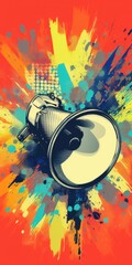 Leinwandbilder - A speaker with vibrant paint splatters against a bold red background. This image is perfect for music events, artistic projects, or advertising campaigns that want to make a bold statement