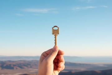 hand holding key on sky background . ai generated