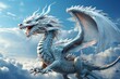 AI generated illustration of a majestic white dragon flying through blue clouds