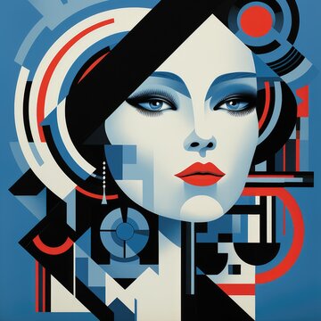 Synthetic themed dreamy female profile graphic blue color