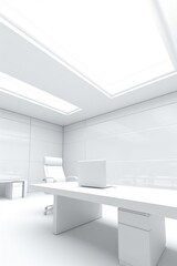 Poster - A simple and clean white room with a desk and a laptop. Perfect for showcasing minimalist design or for creating an office or workspace scene.