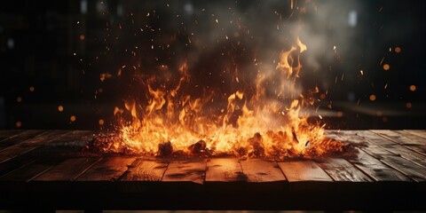 Poster - A fire burns on a wooden table in the dark. This image can be used to depict concepts of danger, warmth, coziness, or a cozy night scene.