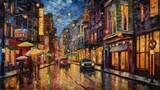 Fototapeta Nowy Jork - Vibrant cityscape painting with colorful buildings and a lively street at night. generative AI 