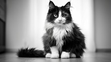 A Cat Sitting On The Floor Looking At The Camera In A Black And White Photo